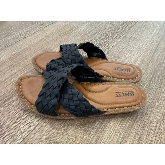 Women's Born Rue Flat Black CrissCross Leather Sandal Size 7 / 38 - Picture 2 of 11